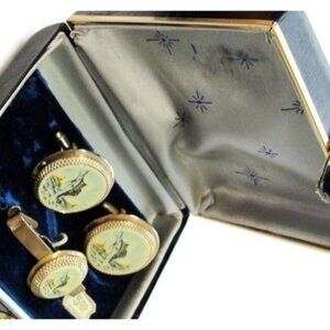 Swordfish Cufflinks Tie Clasp Set w Box Gold Tone Round Tux Shirt Dress Suit Vtg